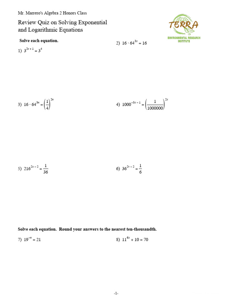 (Algebra+2) +Quiz+Review Solving+Exponential+and+Logarithmic+Equations ...