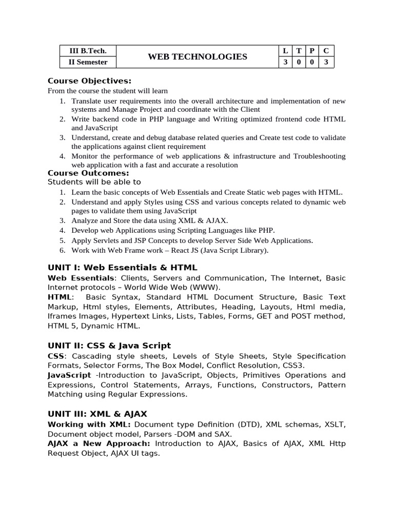 Web Technologies Course Overview | PDF | World Wide Web | Internet & Web