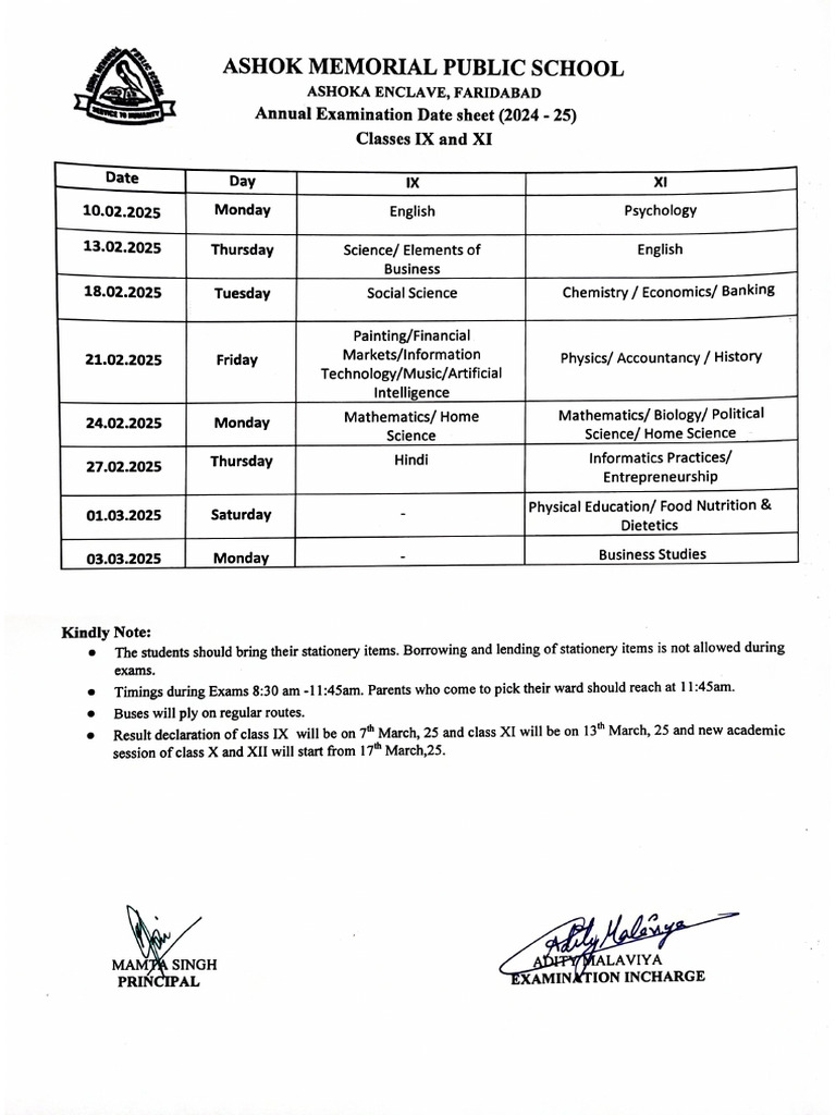Annual Datesheet of Classes IX and XI (2024-25) | PDF