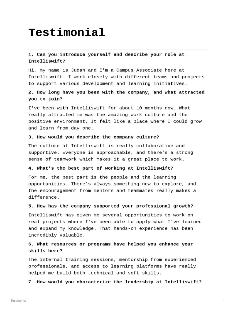 Intelliswift Employee Testimonial Insights | PDF | Mentorship | Social ...