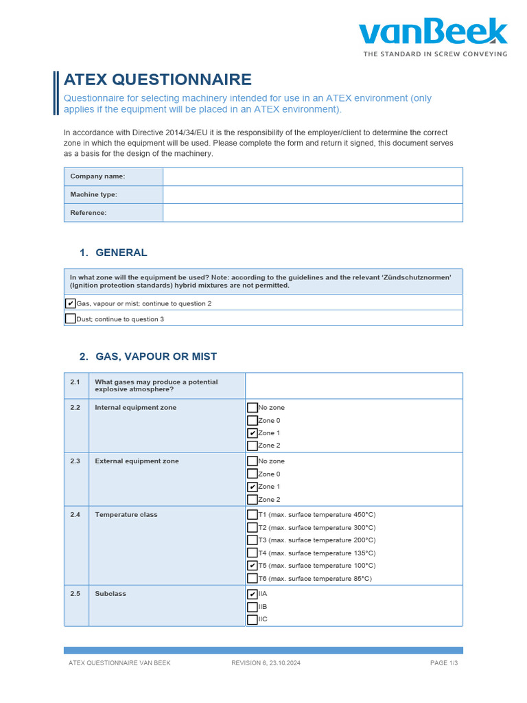ATEX Questionnaire for Machinery Use | PDF | Gases