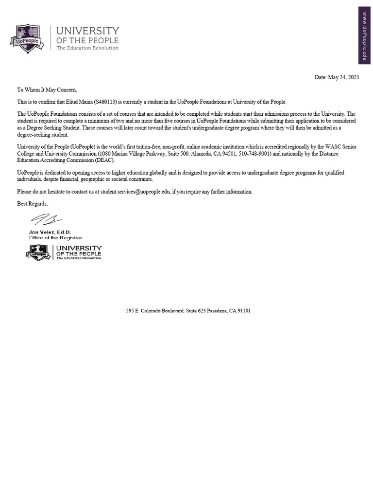 UoPeople Foundations Student Confirmation | PDF