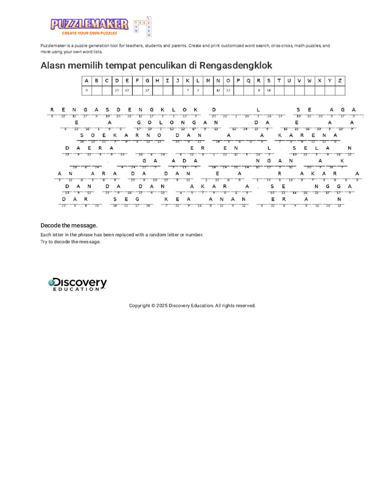 Cryptogram Puzzle - Discovery Education Puzzlemaker | PDF
