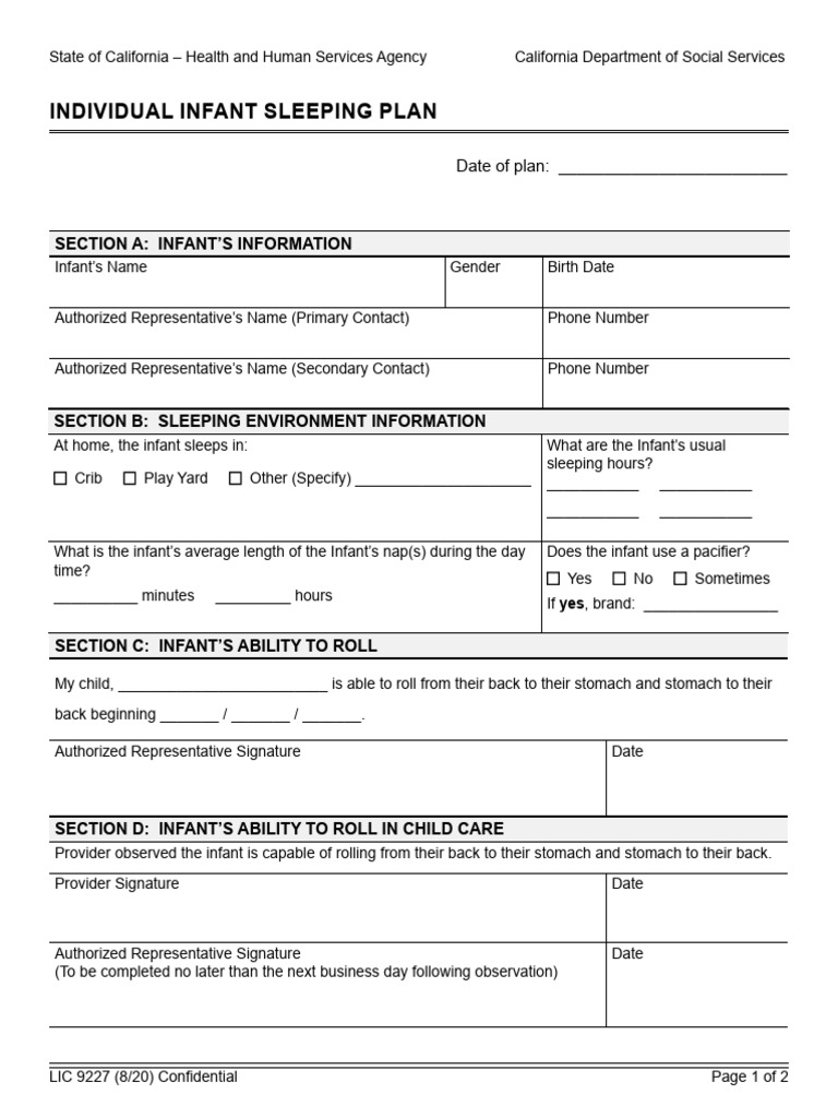Individual Infant Sleeping Plan LIC 9227 | PDF | Infants | Human ...