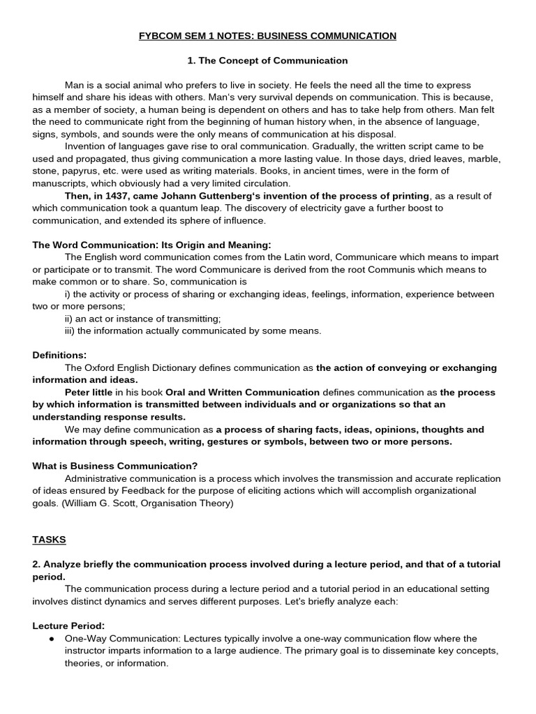 FYBCom Sem 1 Business Communication Notes | PDF | Communication | Lecture