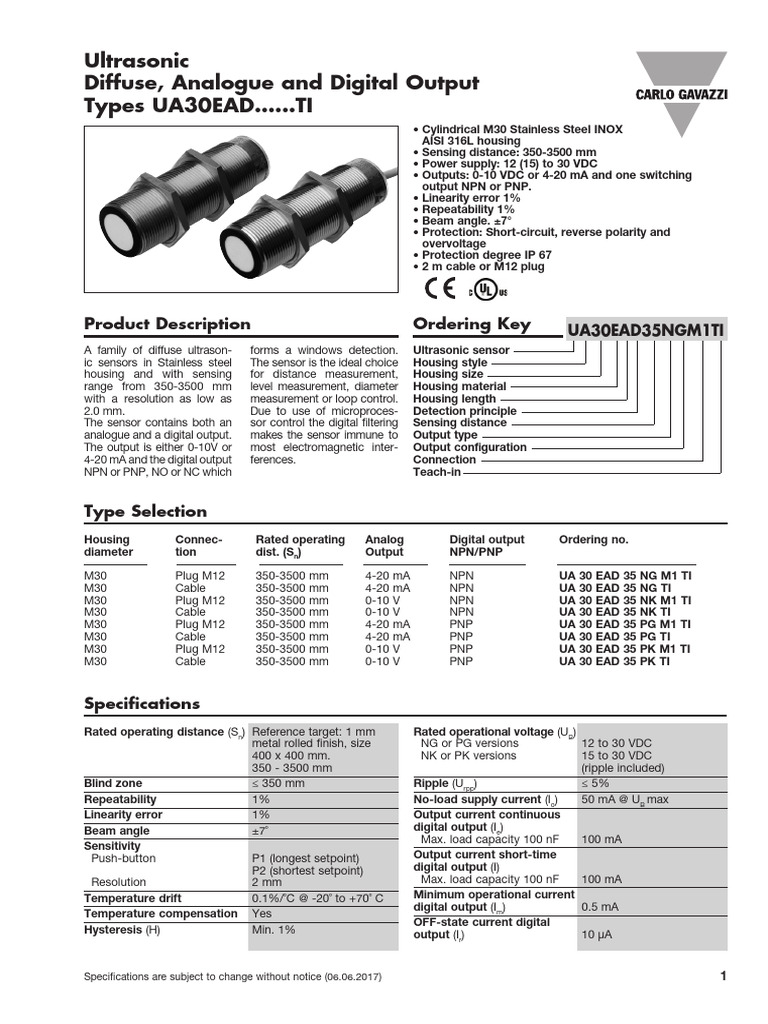 Ultrasonic Sensor UA30EAD Specifications | PDF | Bipolar Junction ...