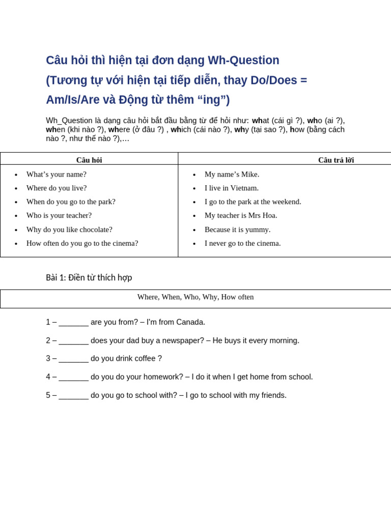 Ôn tập lại HTD HTTD (Wh - ques) | PDF | Cooking