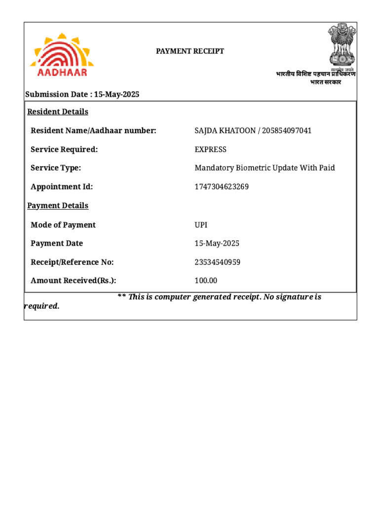 Aadhaar Biometric Update Payment Receipt | PDF