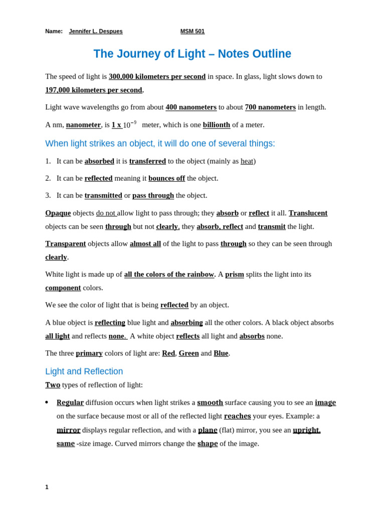 The Journey of Light Activity Sheet DESPUES JENNIFER L. | PDF | Light ...