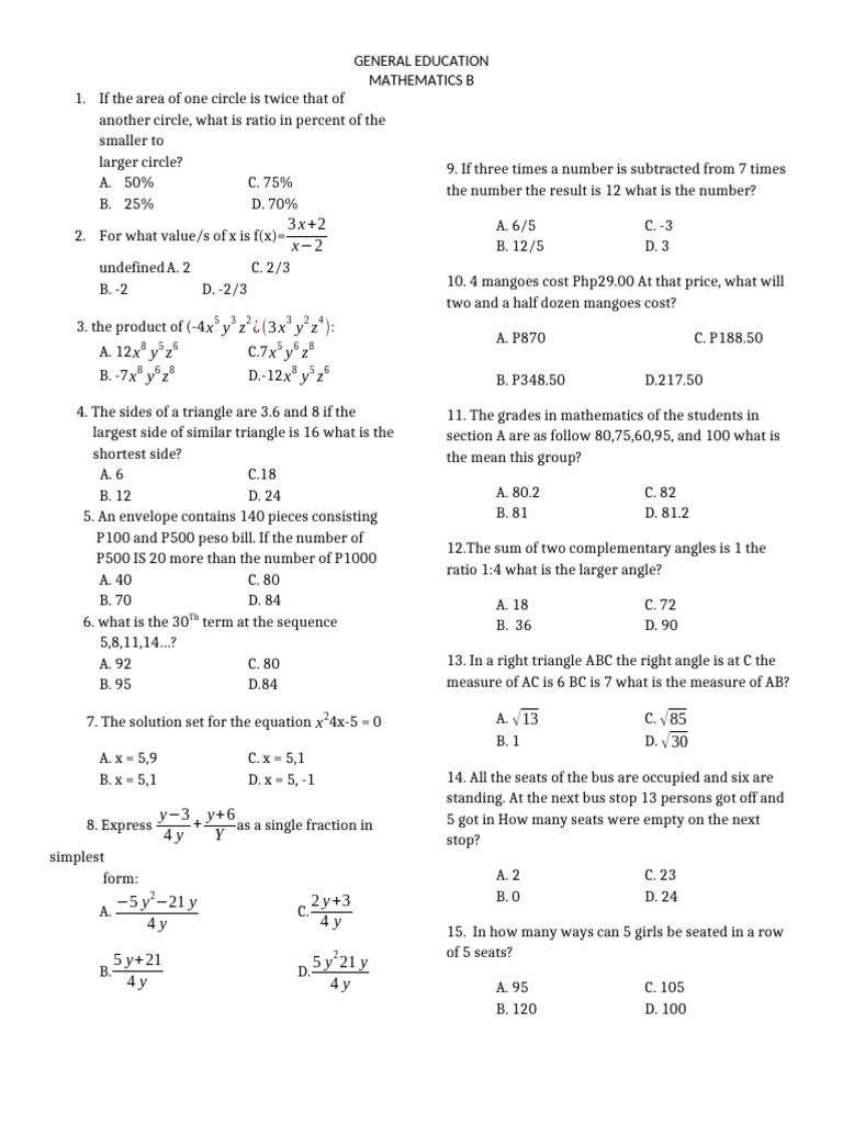 General Education Mathematics B Quiz | PDF | Area | Elementary Geometry