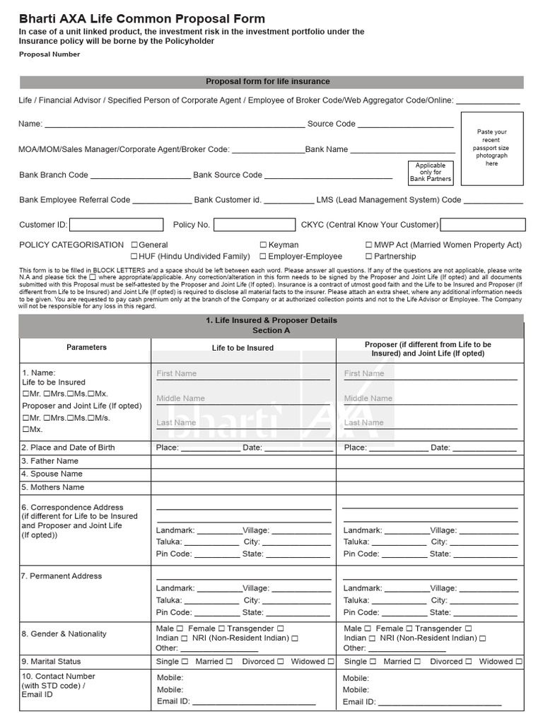 Bharti AXA Life Insurance Proposal Form | PDF | Insurance