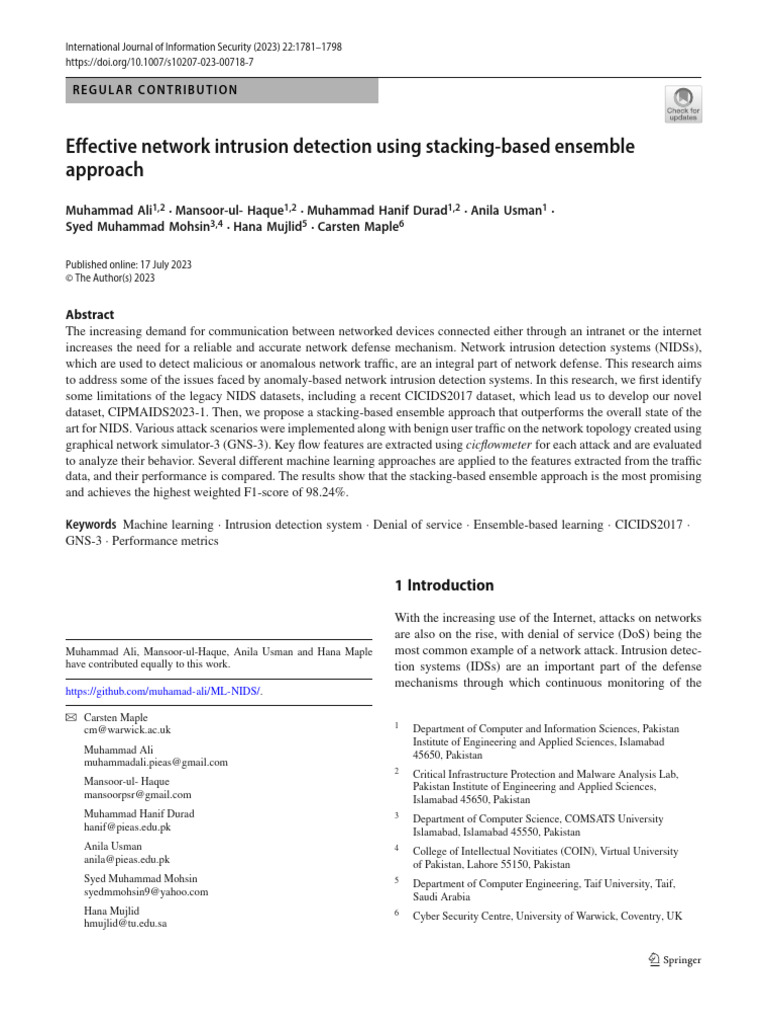 Stacking Ensemble for Network Intrusion Detection | PDF | Denial Of ...
