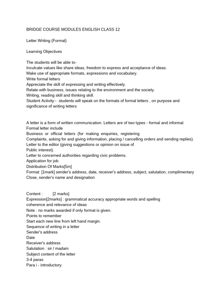 Letter Writing Guide for Class 12 | PDF