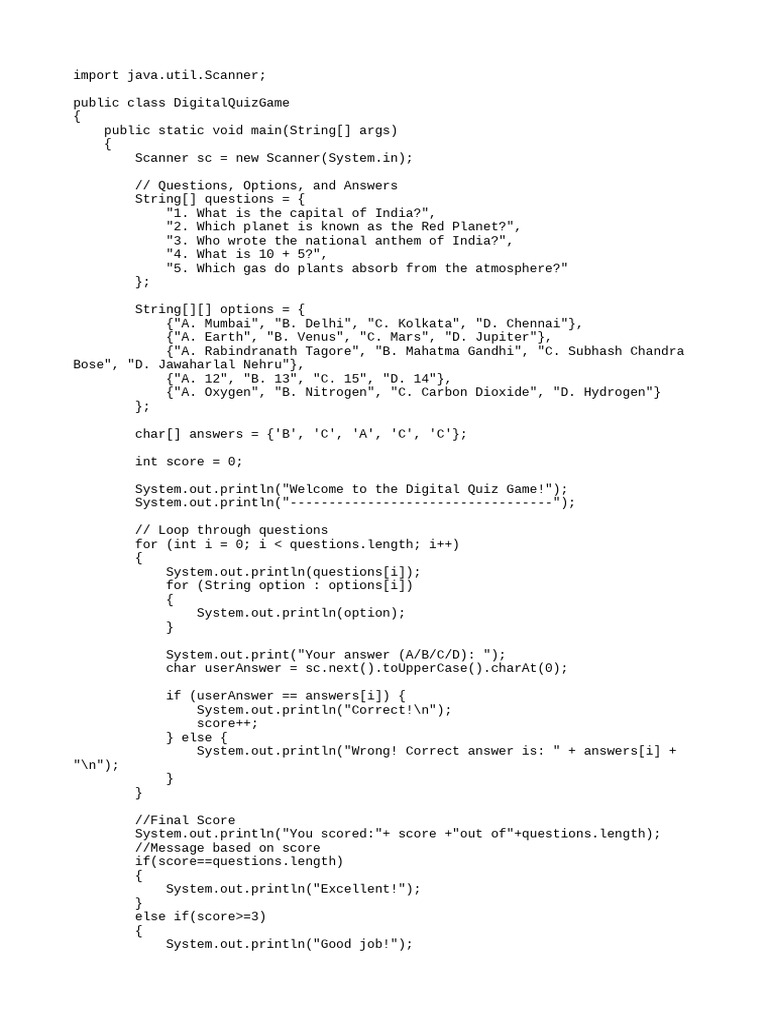 Java Digital Quiz Game Code | PDF