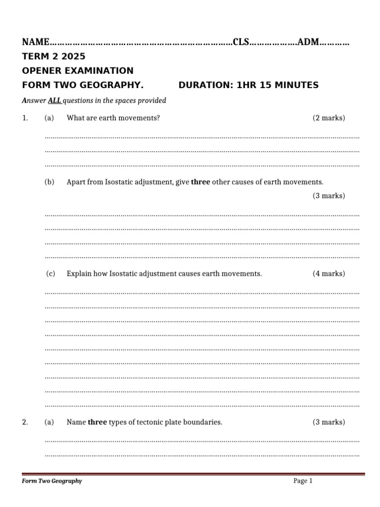 Form Two Geography Exam 2025 | PDF | Geology | Physical Geography