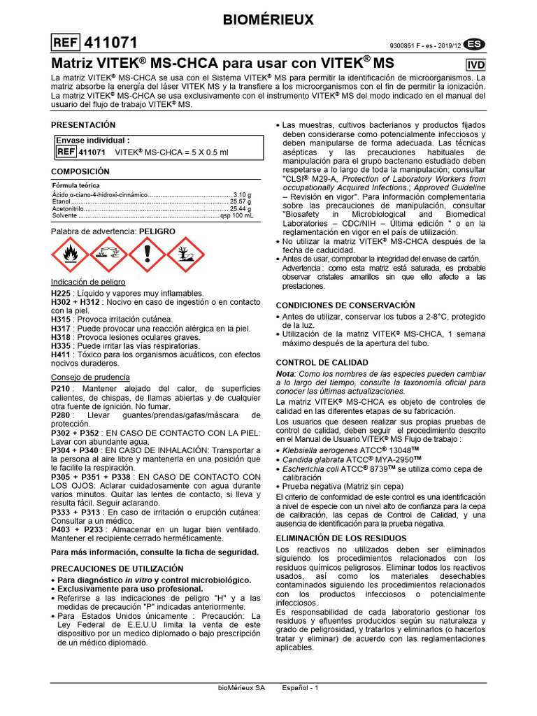 Matriz VITEK® MS-CHCA para identificación | PDF | Residuos | Laboratorios