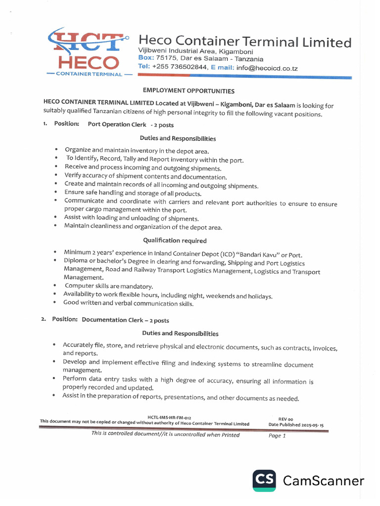 Heco Container Terminal - Job Opportunity | PDF