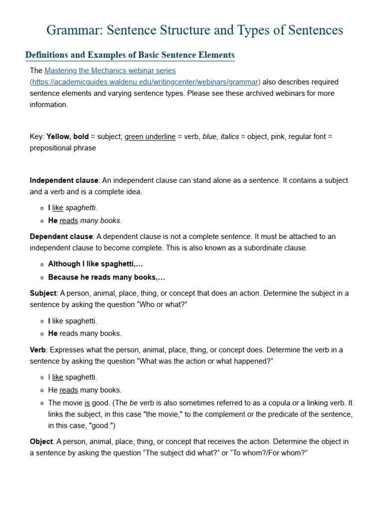 Sentence Structure and Types of Sentences - Grammar - Academic Guides ...