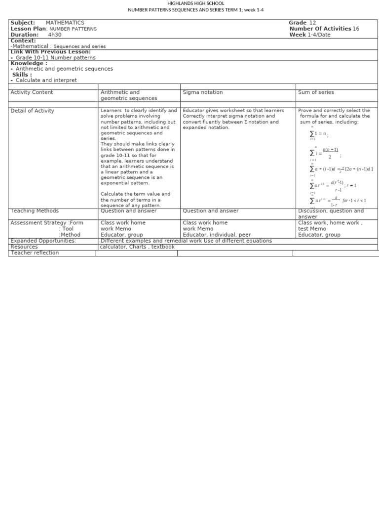 Grade 12 Math: Sequences & Series Plan | PDF | Arithmetic | Numbers