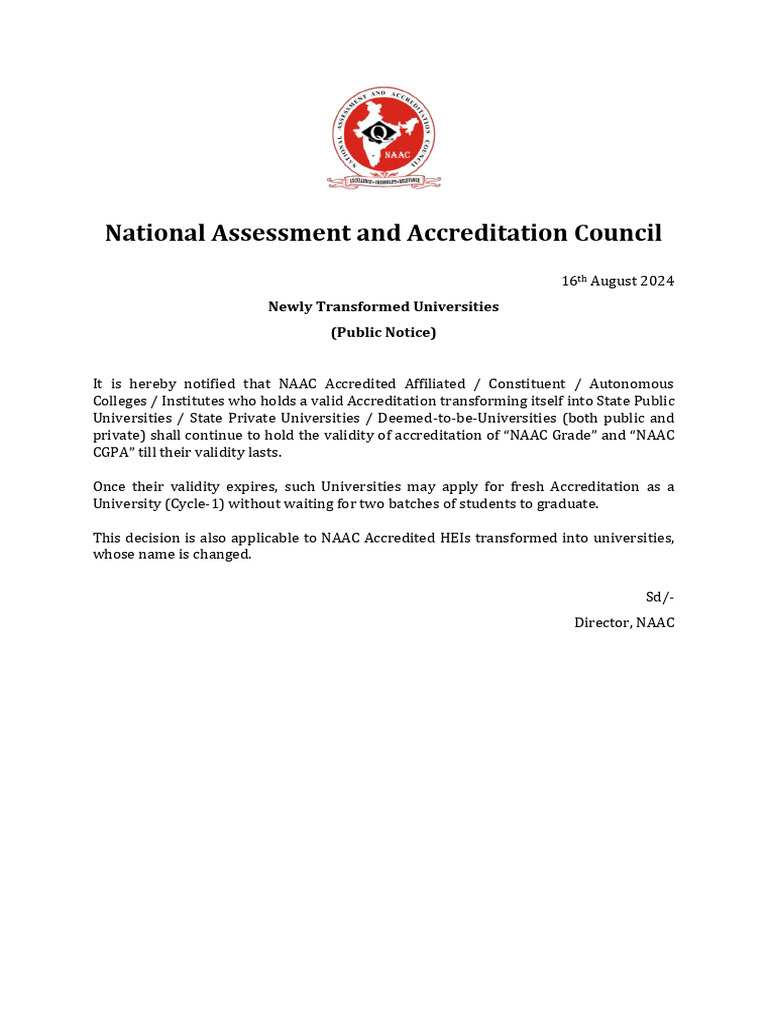 NAAC Accreditation for New Universities | PDF