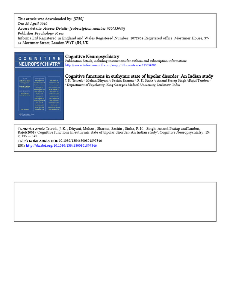 Cognitive Functions in Euthymic Bipolar Disorder | PDF | Bipolar ...