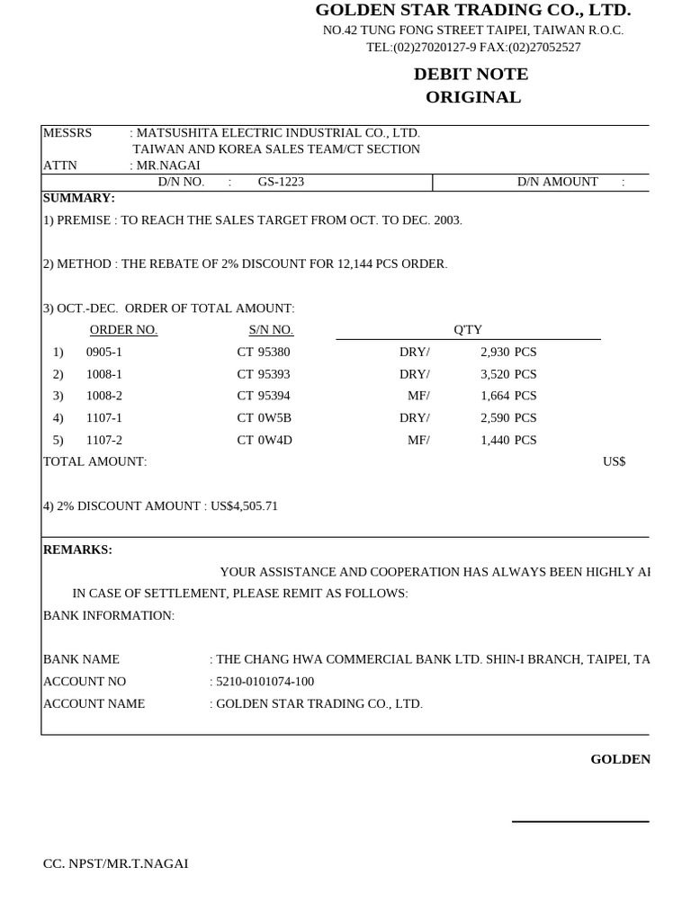 Golden Star Trading Debit Notes Summary | PDF