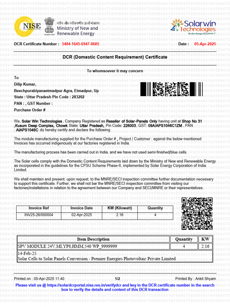 DCR Certificate for Solar Panels | PDF | Invoice | Climate Change ...