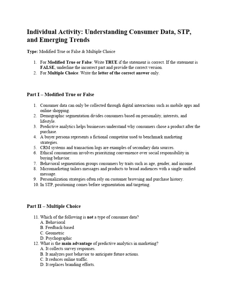 Individual Activity - Understanding Consumer Data, STP, and Emerging ...