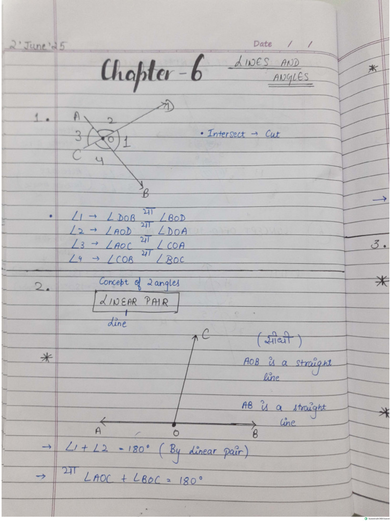 Class 9 CH 6. Lines and Angles. Notes | PDF
