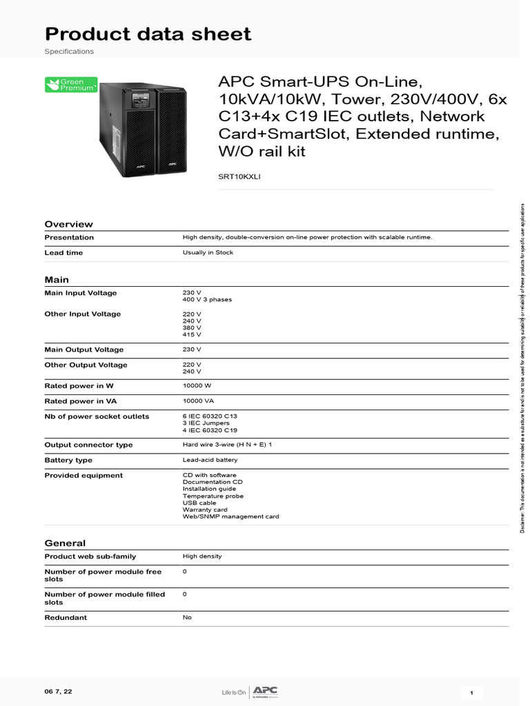 APC Smart-UPS SRT10KXLI Specs Sheet | PDF | Mains Electricity | Electricity