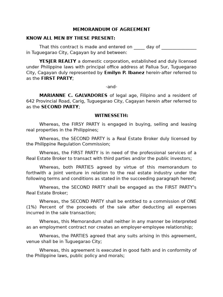 Memorandum of Agreement-Emilyn Ibanez | PDF | Private Law | Common Law