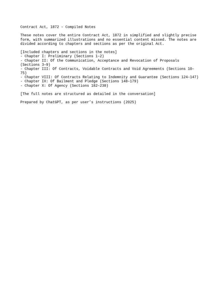 Contract Act 1872: Summary Notes | PDF