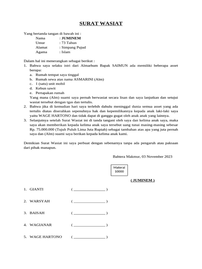Contoh Surat Wasiat Juminem | PDF