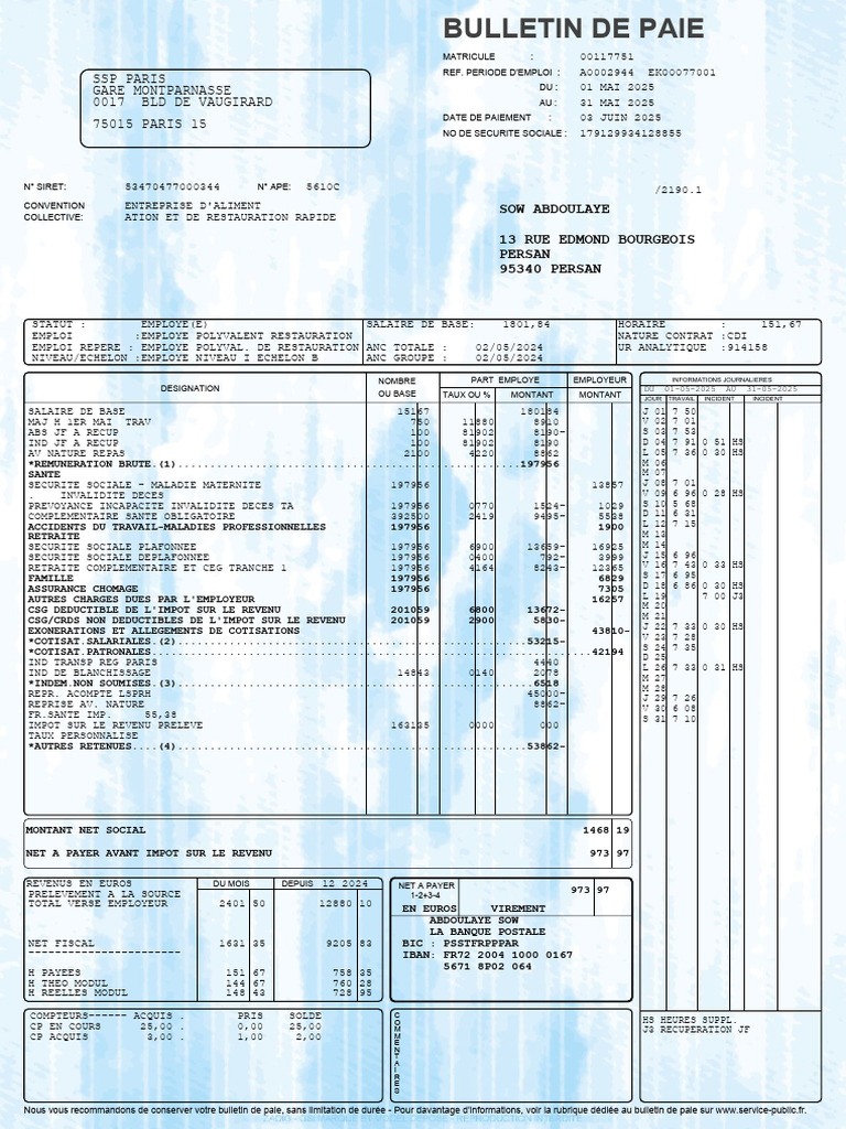 Bulletin de Paie - Mai 2025 | PDF | Impôt sur le revenu | Finances ...
