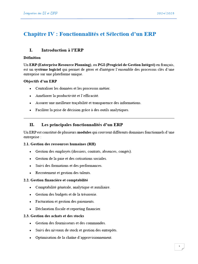 Fonctionnalités et choix d'un ERP | PDF | Progiciel de gestion intégré ...