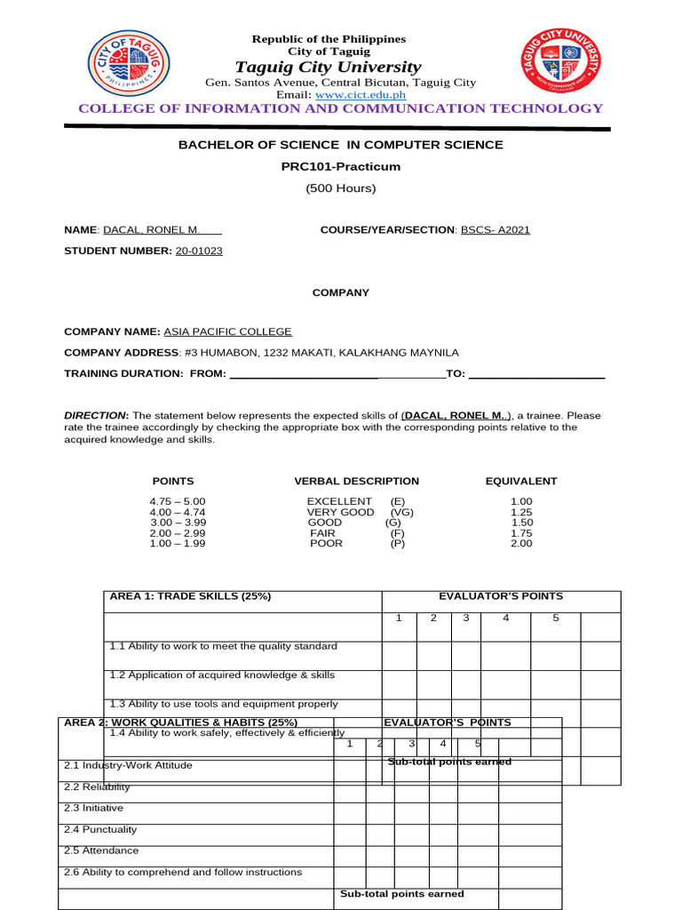 Trainee Evaluation for Computer Science Student | PDF