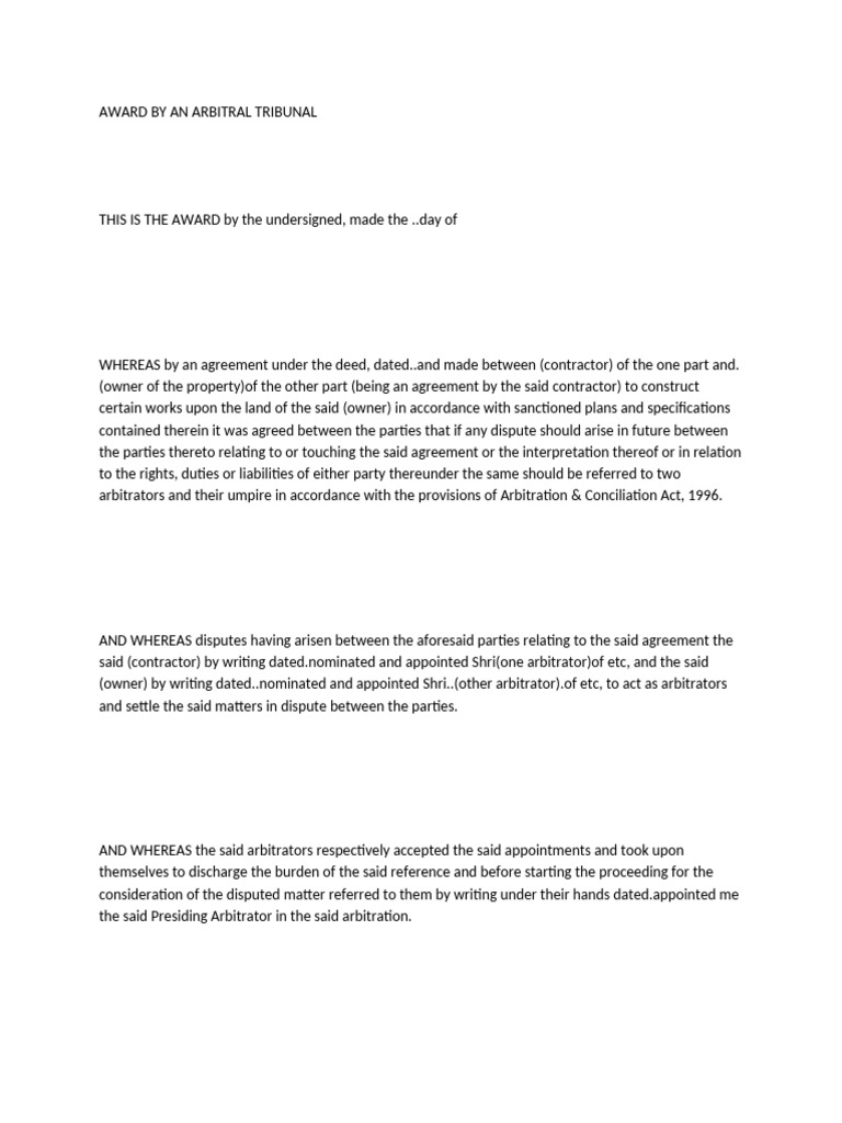 Award by An Arbitral Tribunal | PDF | Arbitral Tribunal | Business Law