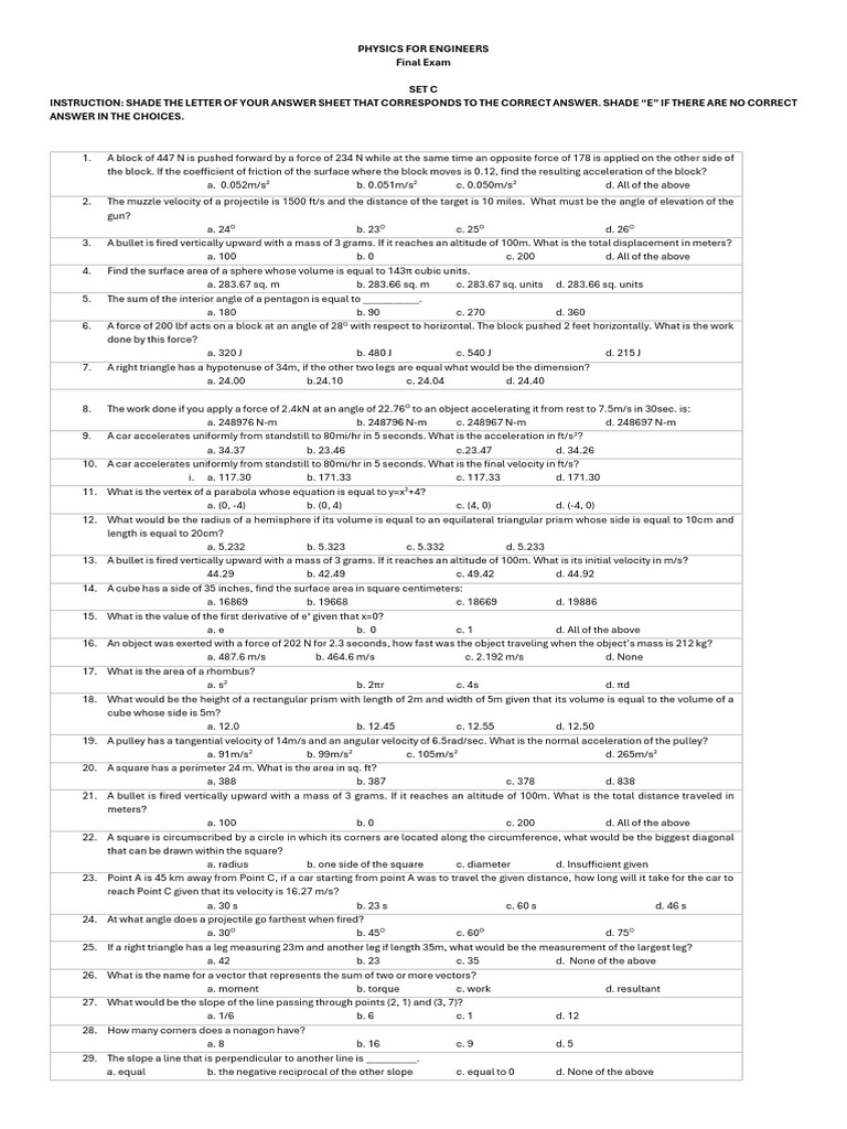 Physics for Engineers Final Exam Set C | PDF | Force | Area