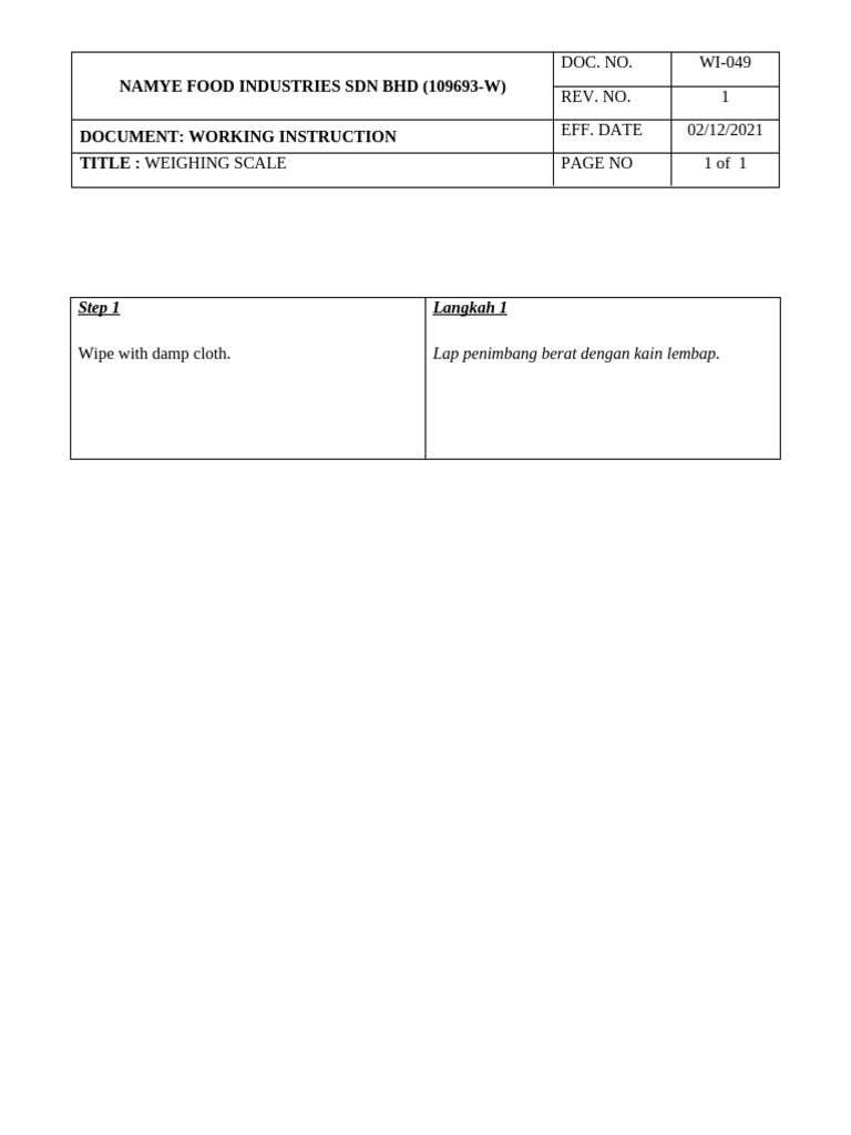Weighing Scale Working Instruction | PDF