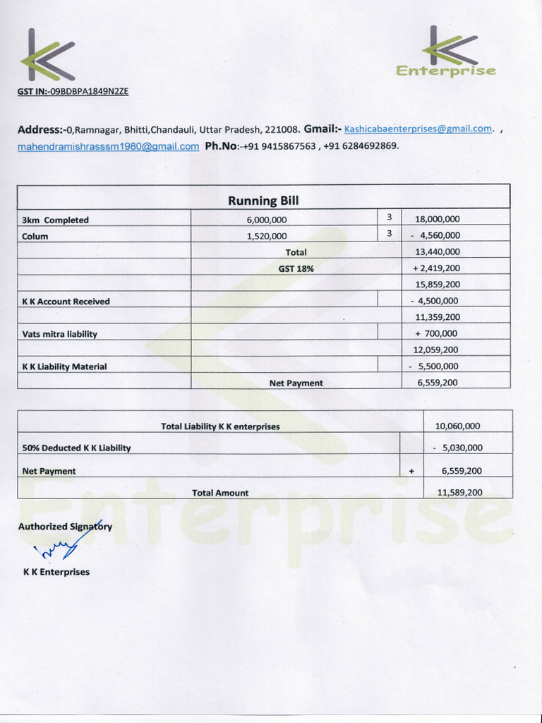 Running Bill No.01 | PDF