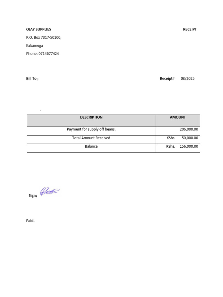 OJAY Supplies Receipt for Beans | PDF