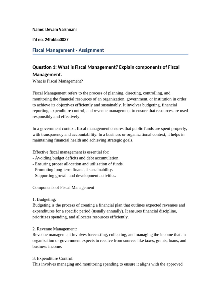 Fiscal Management Assignment | PDF | Fiscal Policy | Budget