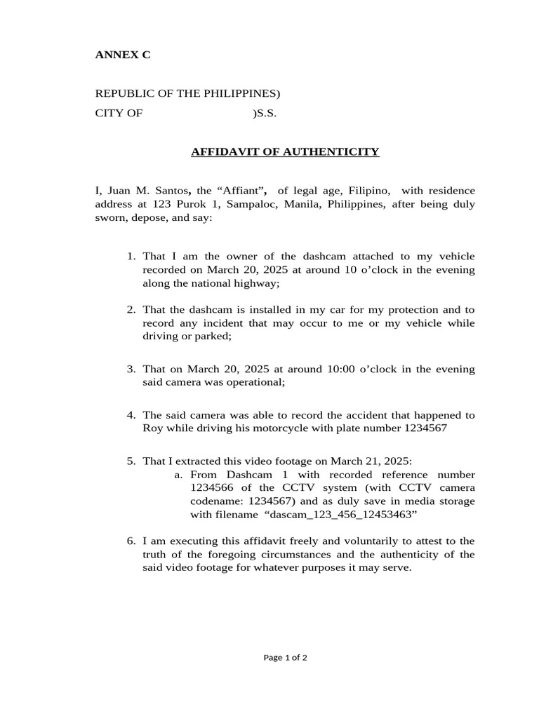 Affidavit of Authenticity for CCTV Footage | PDF