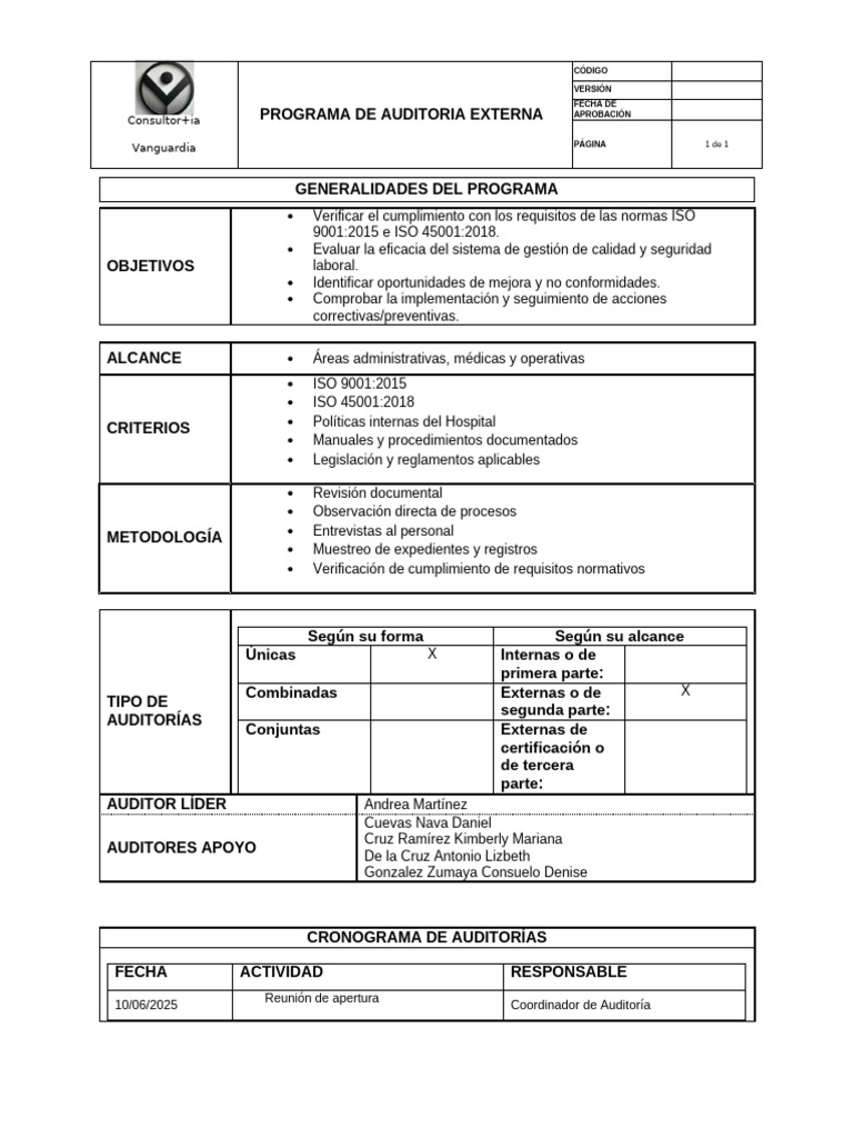 Programa de Auditoría ISO 9001 y 45001 | PDF | Auditoría | Contralor