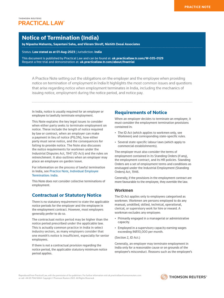 Termination Notice Requirements in India | PDF | Employment | Layoff