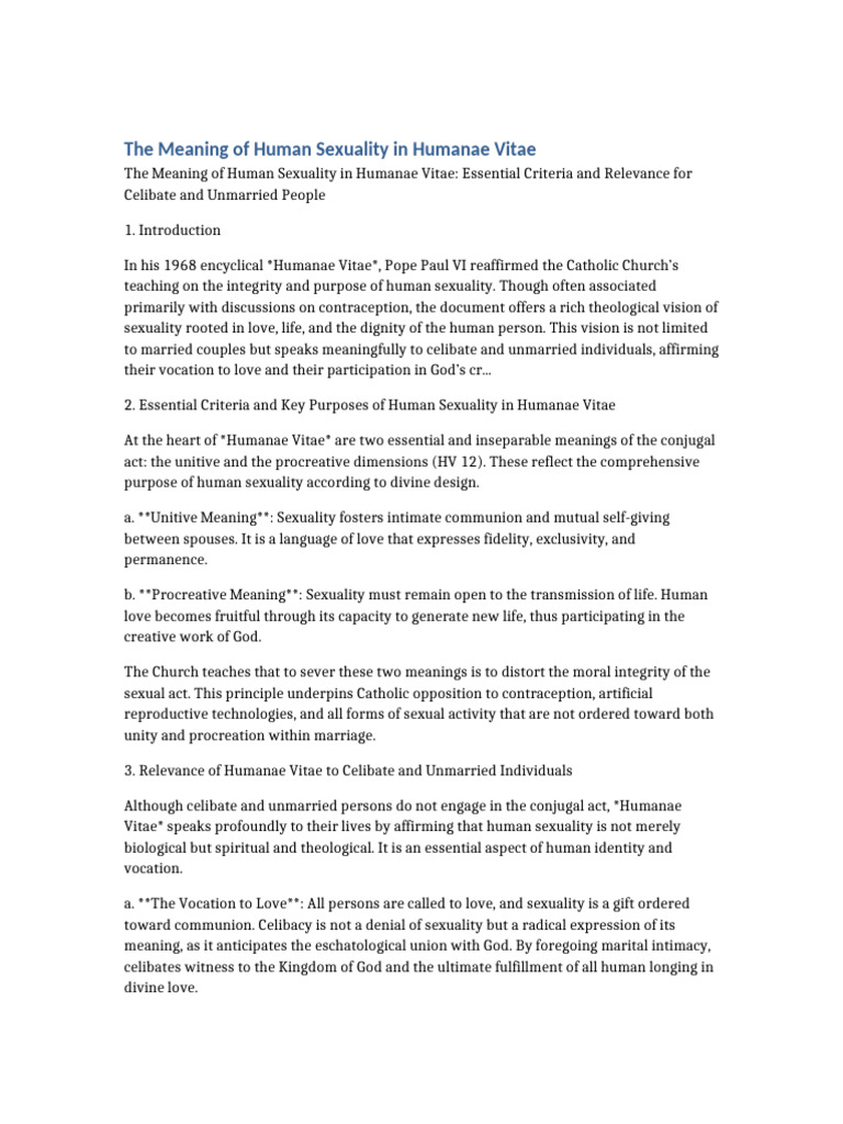 Human Sexuality Humanae Vitae and Celibate Life | PDF | Celibacy ...