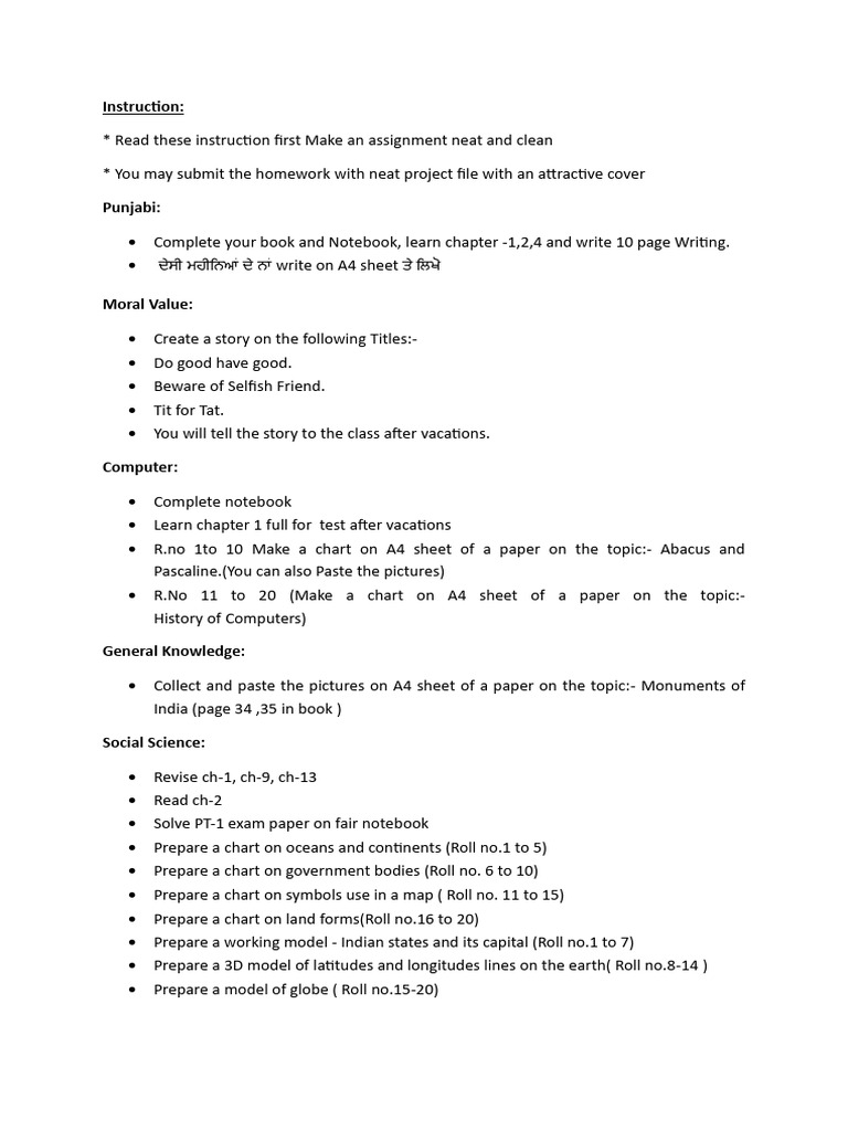 6th Class Holiday Homework 2025 | PDF