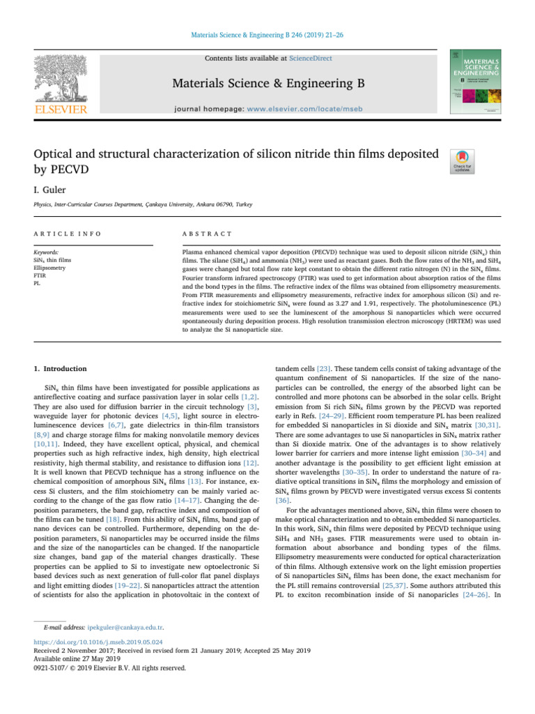 Characterization of SiNx Thin Films by PECVD | PDF | Nanoparticle ...