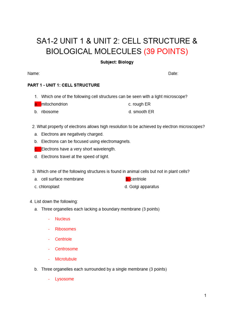 Unit 2: Cell Structure & Function Key | PDF | Cell (Biology) | Chloroplast
