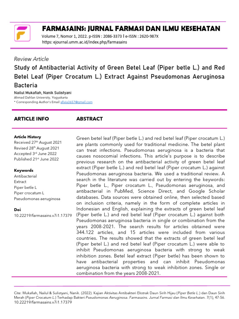 Antibacterial Study of Betel Leaf Extracts | PDF | Infection | Pub Med